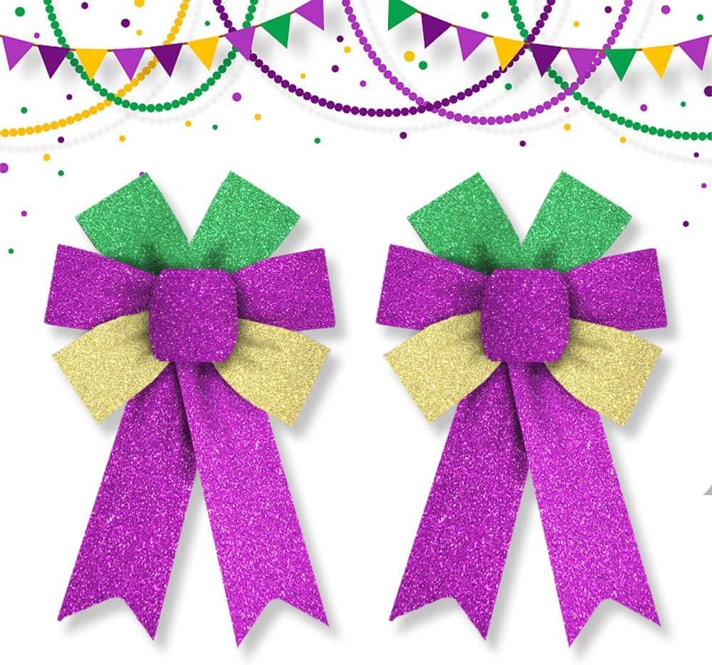 2 x Hying 2 Pieces Mardi Gras Bows for Wreath, Fat Tuesday Wreath Bows Glitter Green Purple Gold Bows New Orleans Holiday Craft Bows for Front Door Carnival Masquerade Cosplay Party Decor Supplies
