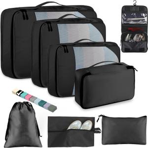 8-Piece Packing Cubes for Travel, Mesh Luggage Organizers with Shoe Bag, Toiletry Bag, Laundry Pouches, 4 Sizes (XL/L/M/S) for Suitcase Organization, Men Women Kids, Black