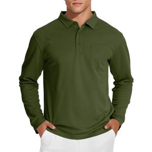 MAGCOMSEN Men's Polo Shirts with Pocket Long Sleeve Golf Quick Dry Shirts Performance Athletic Work Casual Collared Shirt (Green, XXL)