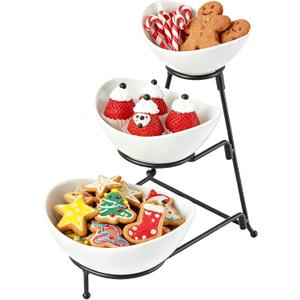 LYEOBOH 3 Tier Serving Bowls Set with Collapsible Thicker Metal Stand, Oval Serving Dishes for Entertaining Tiered Serving Stand for Fruit, Dessert, Candy, Chip and Dip (Black)