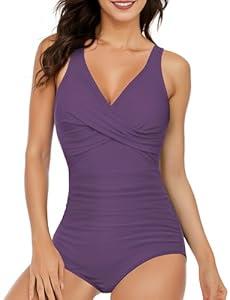 Women's One Piece Swimsuits Ruched Slimming Bathing Suits for Women V Neck Criss Cross Ruched Push Up Slimming Swimwear (Large)