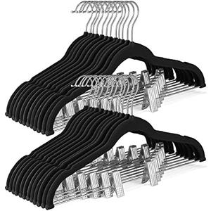 HOUSE DAY Velvet Skirt Hangers 30 Pack, Black Velvet Pant Hangers with Adjustable Clips, Space Saving Slim Shorts Hanger, Heavy Duty Non Slip Clip Hanger for Pants, Skirts, Shorts