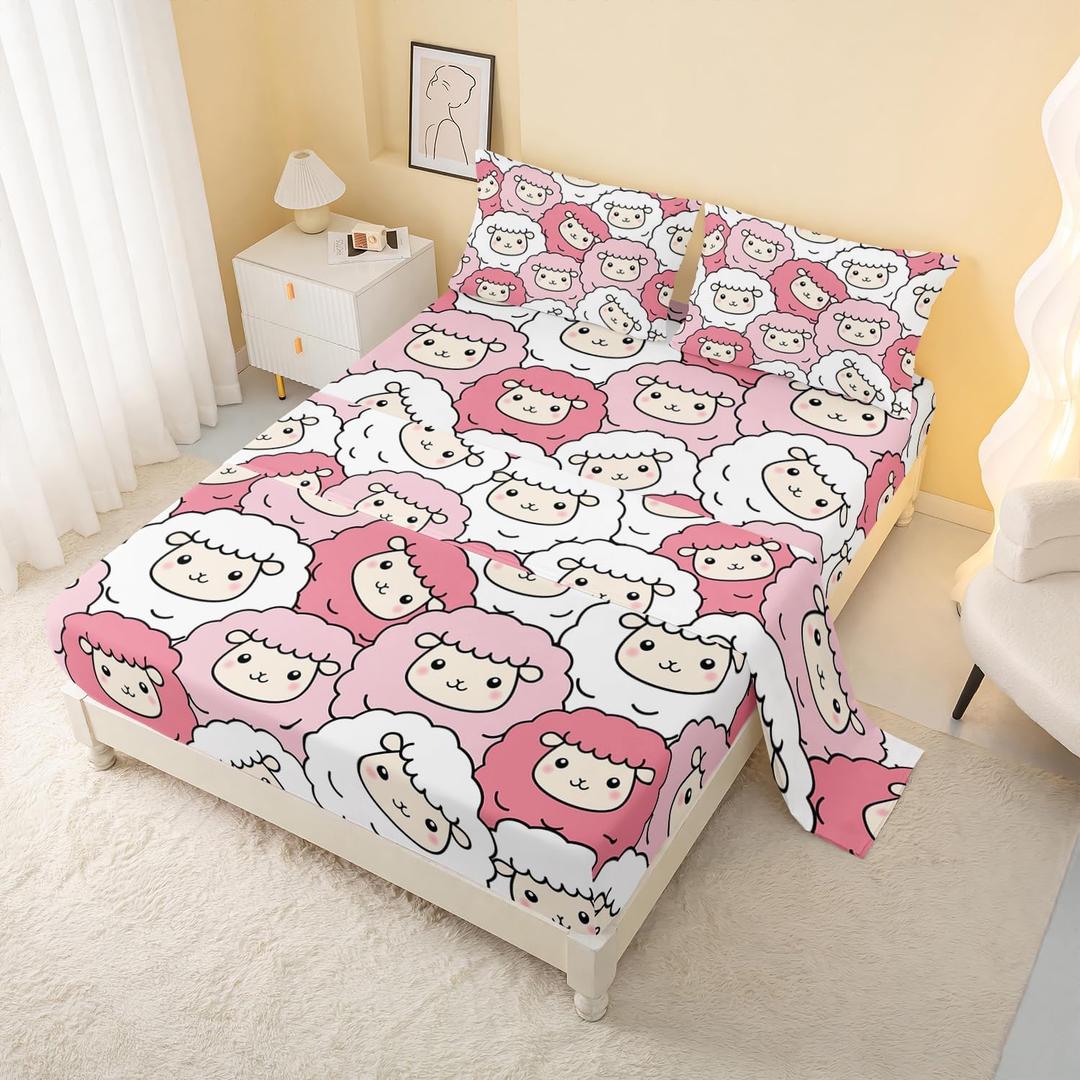 AILONEN Cute Sheep Kids Bedding Set Set Full Size,Cute Sheep Cartoon Animal Bed Sheet Set,4 Piece Pink White Kawaii Girls Fitted Sheet Set,1 Flat Sheet & 1 Fitted Sheet with 2 Pillowcases