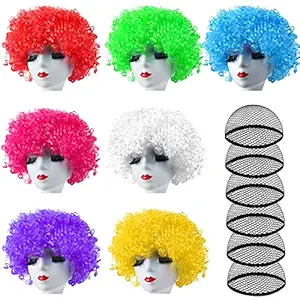 ELECLAND 7 Pieces Party Wigs and 7 Pieces Wig Cap Set, Neon Curly Afro Wigs Colorful Cosplay Wig Daily Party Hairpieces for Bachelorette Neon Party Favors, Halloween and Decorations