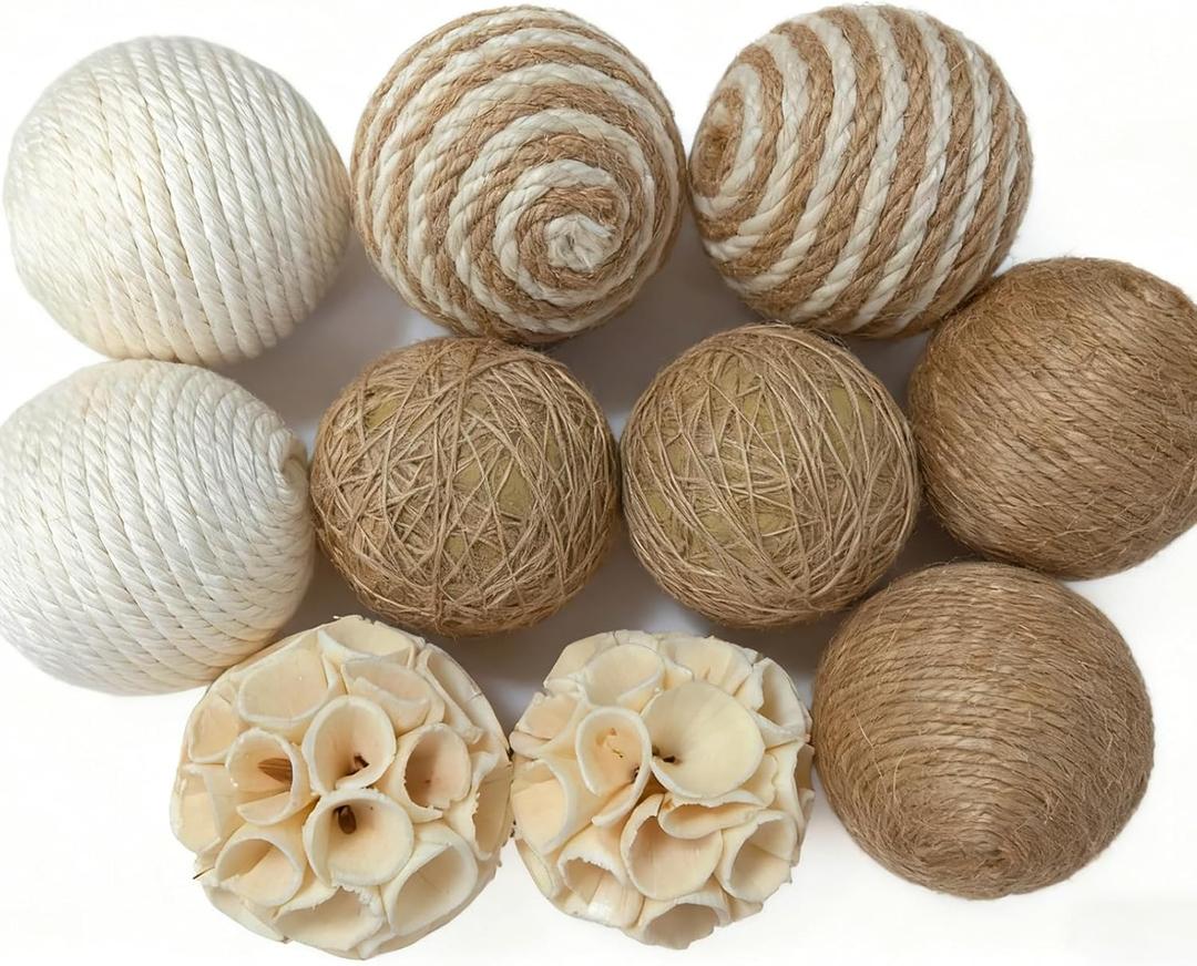 10 Pcs Decorative Balls Set for Bowls, Assorted Bowl Fillers & Vase Fillers for Centerpieces, Rattan Wicker Jute Ball Natural Decorative Spheres Home Decor for Party Wedding (2.5 Inch Beige White)
