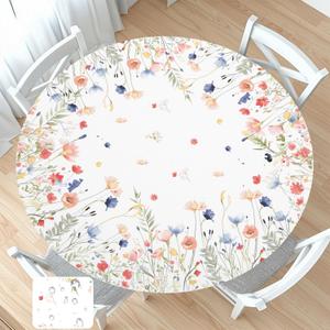Spring Summer Floral Round Fitted Tablecloth with Elastic Watercolor Farmhouse Wildflower Circle Table Cloth for 40-44" Tables Wipeable Waterproof Easter Flower Table Cover for Picnic Dining Outdoor