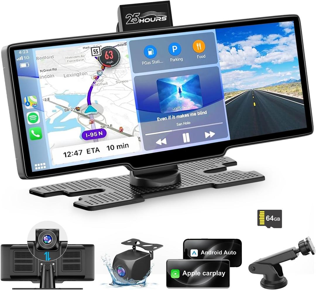 HK3 Carplay Screen for Car, 10.26’’ Wireless Apple Car Play & Android Auto Touch Screen, 4K Dash Cam, 1080P Backup Camera, Car Stereo, GPS Navigation/ Mirror Link/ Bluetooth/ Voice Control, Plug and Play