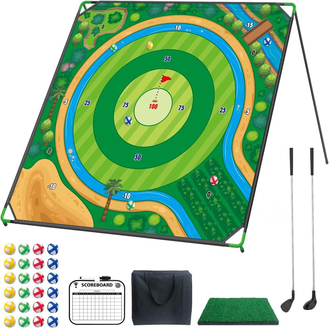 Mostop Large Golf Chipping Game Set, 70"x70" Large Chipping Mat with 20 Sticky Balls & 2 Adjustable Clubs, Indoor Outdoor Golf Practice for Backyard, Lawn, Yard Games Gift for Friends Family