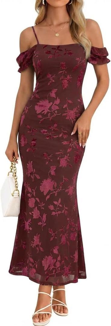 MEROKEETY Women's 2026 Summer Off The Shoulder Spaghetti Strap Floral Mesh Wedding Guest Cocktail Formal Party Maxi Dresses (Red, XL)