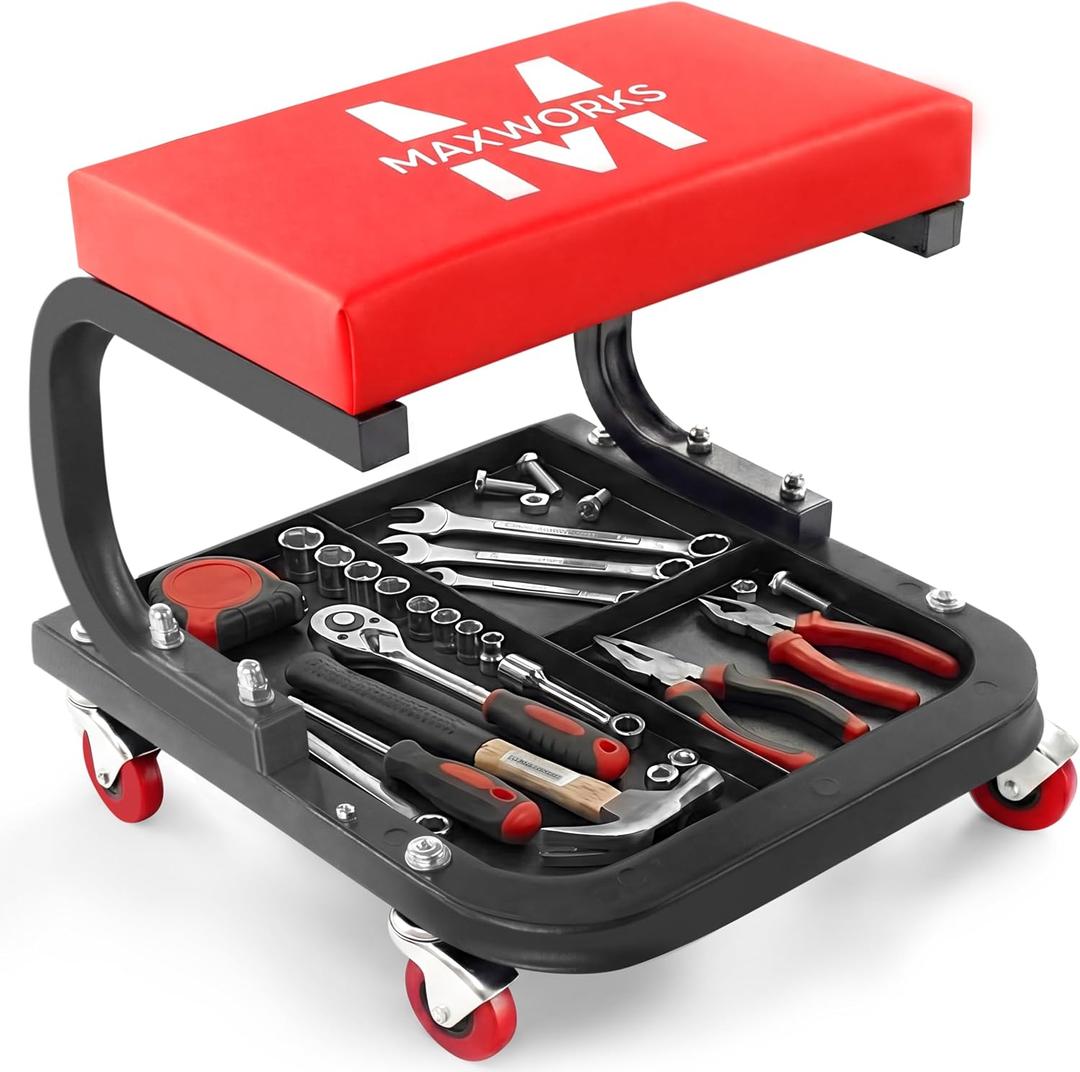 MaxWorks Mechanics Roller Seat - Heavy Duty 250 lb Capacity Rolling Creeper Stool with Padded Seat & 3-Section Tool Tray for Garage & Auto Repair (50875)