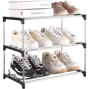 Small Shoe Rack, Narrow Stackable Shoe Shelf Organizer for Entryway, Doorway and Bedroom Closet (3-Tier, Black)
