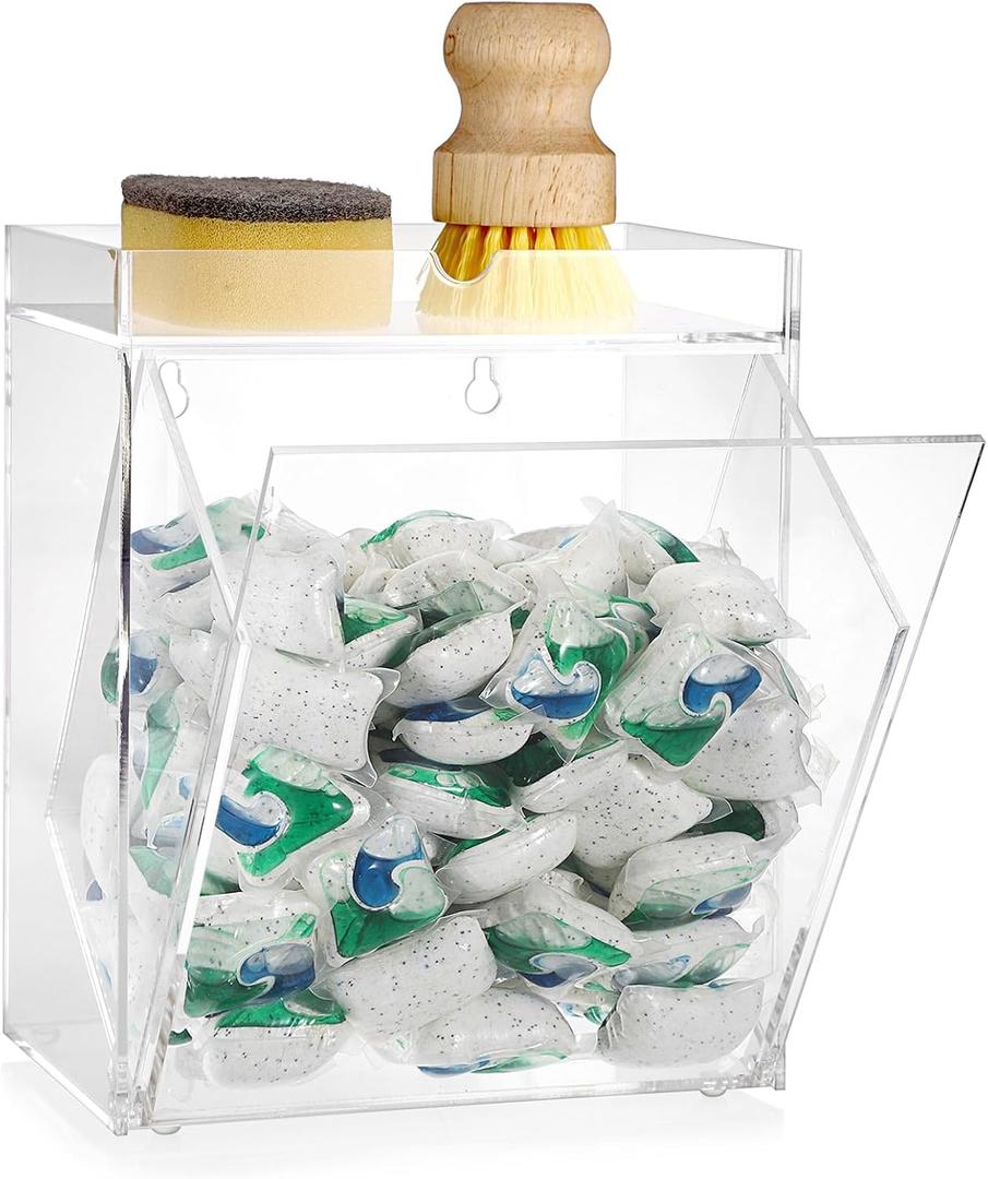 Sumnacon Dishwasher Pods Container Flip-over Laundry Pods Container withTray for Laundry Room Organization Wall Mounted Dishwasher Pod Holder for Kitchen Sink Acrylic Container for Candy,Dry Ball