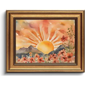 Gold Framed Wall Art Boho Canvas Art Prints Sun Pictures Wildflower Paintings Landscape Wall Decor Watercolor Artwork for Bedroom Home Office 8x10in