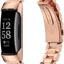 MIJOBS Strap for Fitbit Inspire 2, Stainless Steel Metal Band Replacement Wristbands Waterproof Bracelet Accessories for Inspire 2 Women Men (Beads,Rose Gold)