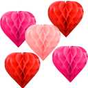 2 x Valentine's Day Party Decoration Set - 5 Pack 12in Heart Honeycomb & Ball Tissue Paper Pom Poms in Red, Love-Inspired Honeycomb Hearts Ideal for Wedding & Classroom Decorations