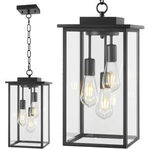 Outdoor Pendant Light Fixture E26 3-Light Modern Black Metal Outside Chandelier Exterior Hanging Fixture Ceiling Mount with Clear Glass for Porch Front Door Entrance Entryway, 1 Pack, 18 Inch