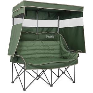 Double Camping Chair with Canopy Heavy Duty 2 Person Folding Loveseat Beach Chair with Shade High Back Oversized Outdoor Camping Couch with Cup Holders & Wine Racks for Lawn, Sports, Green