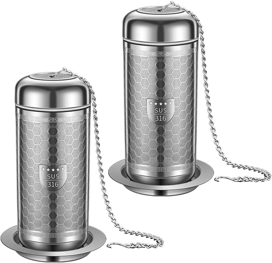 2 Pack Tea Infuser with Drip Tray, Extra Fine Mesh Tea Infusers for Loose Tea, 316 Stainless Steel Tea Strainer with Extended Chain Hook, Tea Steeper (2 Pack - Large)