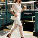 Women's 2026 Lace Patchwork Bodycon Skirt - High Waist Elegant Solid Maxi Long Skirt