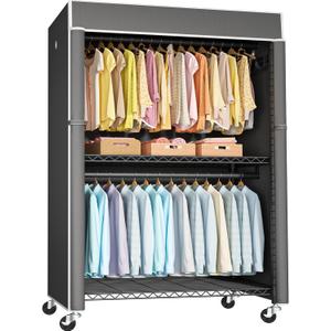 FUTASSI Black Clothing Rack with Dark Gray Cover, P1C Plus Rolling Closet with Wheels, Metal Garment Rack for Hanging Clothes, Clothing Storage Wardrobe, 46" W x 18.5" D x 80.7" H, Load 524 Pounds