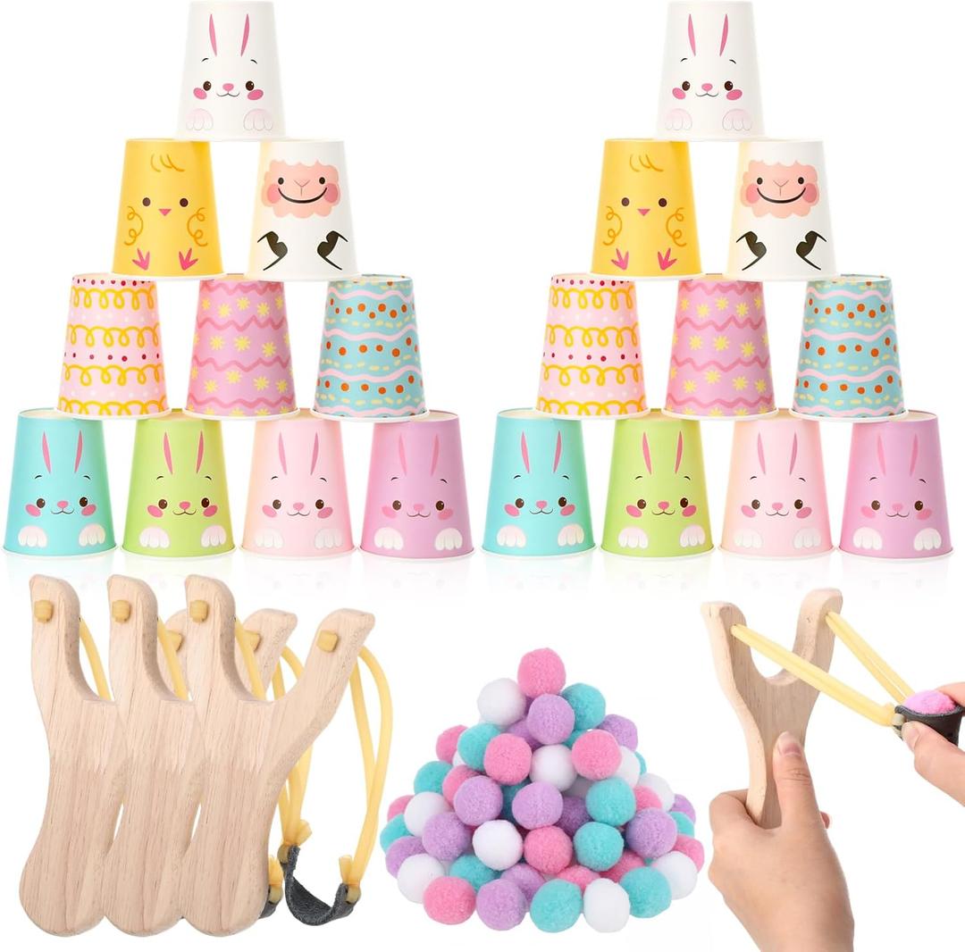 Hollowfly Easter Games Stacking Cups Set with 50 Bunny Egg Cup 3 Wooden Catapults 24 Foam Balls for Easter Party Favor Supplies Fun Holiday Activity Carnival Prize Family Indoor Outdoor Party Game