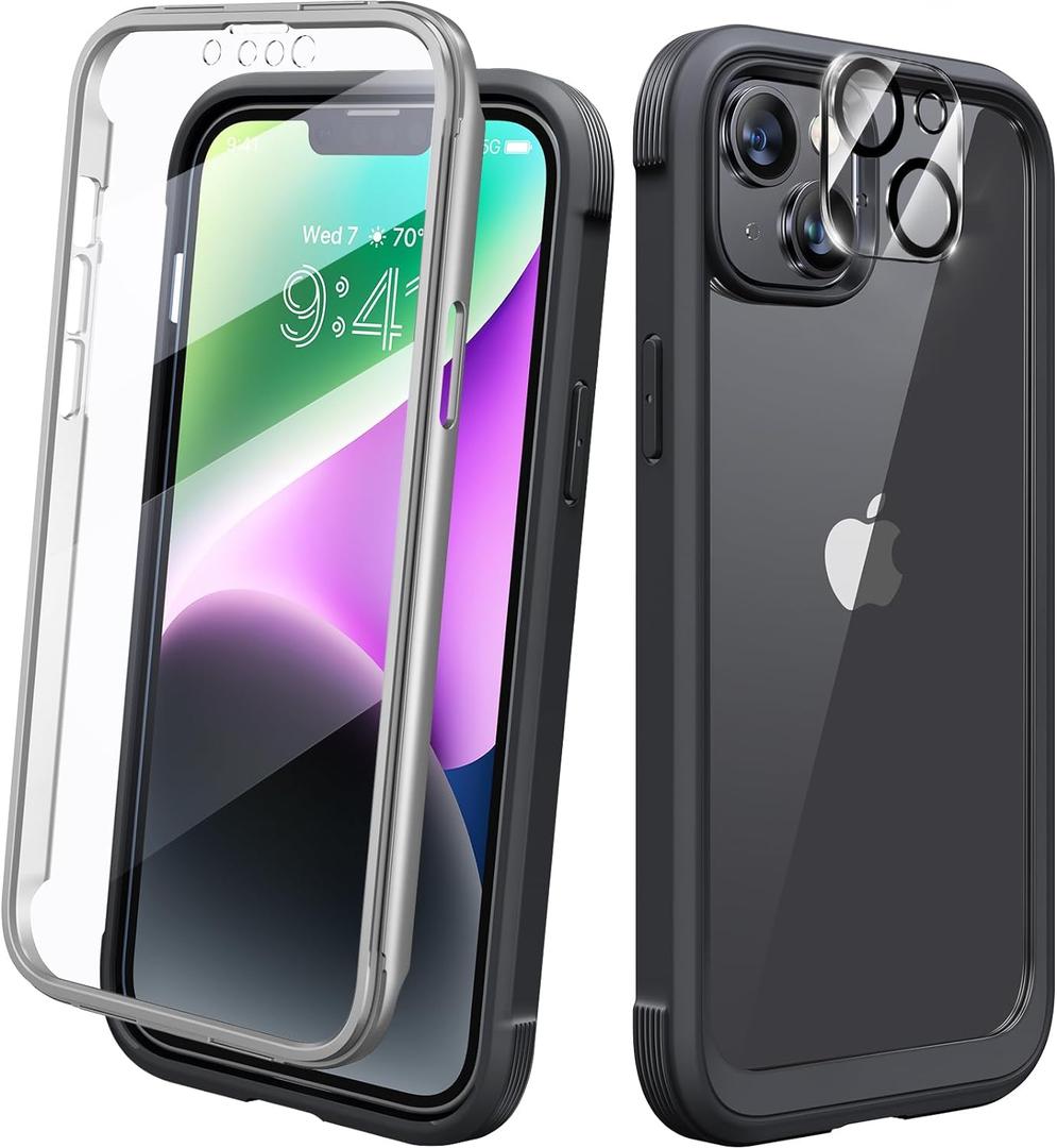 Diaclara Designed for iPhone 14 Case, Full Body Rugged Case with Built-in Touch Sensitive Anti-Scratch Screen Protector, with Camera Lens Protector for iPhone 14 6.1" (Black and Clear)