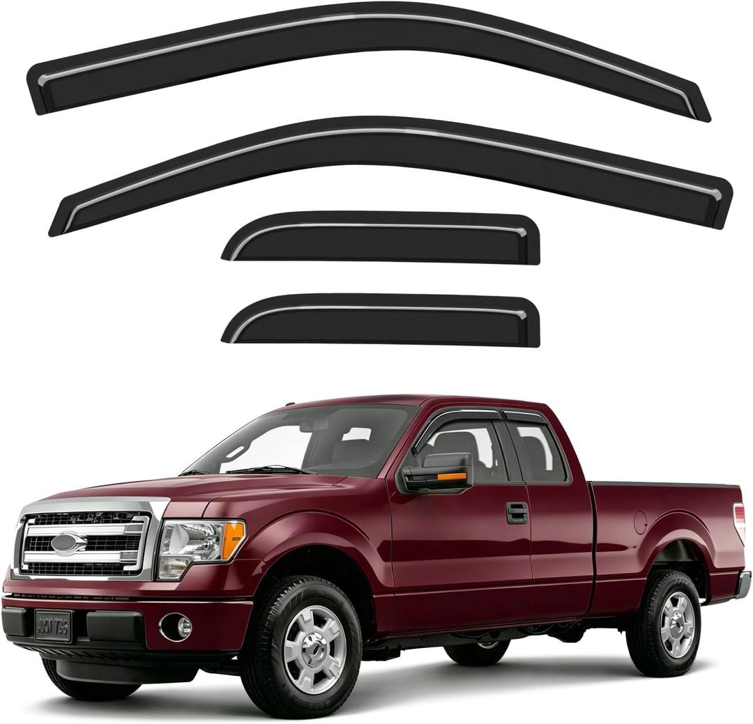 Outside-Mount Window Rain Guards Fit for 2004-2014 Ford F150 Extended Cab & SuperCab, Out-Channel Window Visors Wind Deflector Dark Smoke Vent Shades for 04-14 F-150 Extended Cab