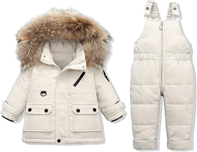 YALLET Baby Girls Boys Snowsuit, Infant Winter Clothes Toddler Kids Winter Warm Hooded Down Jacket Coat + Ski Bib Pants 2T