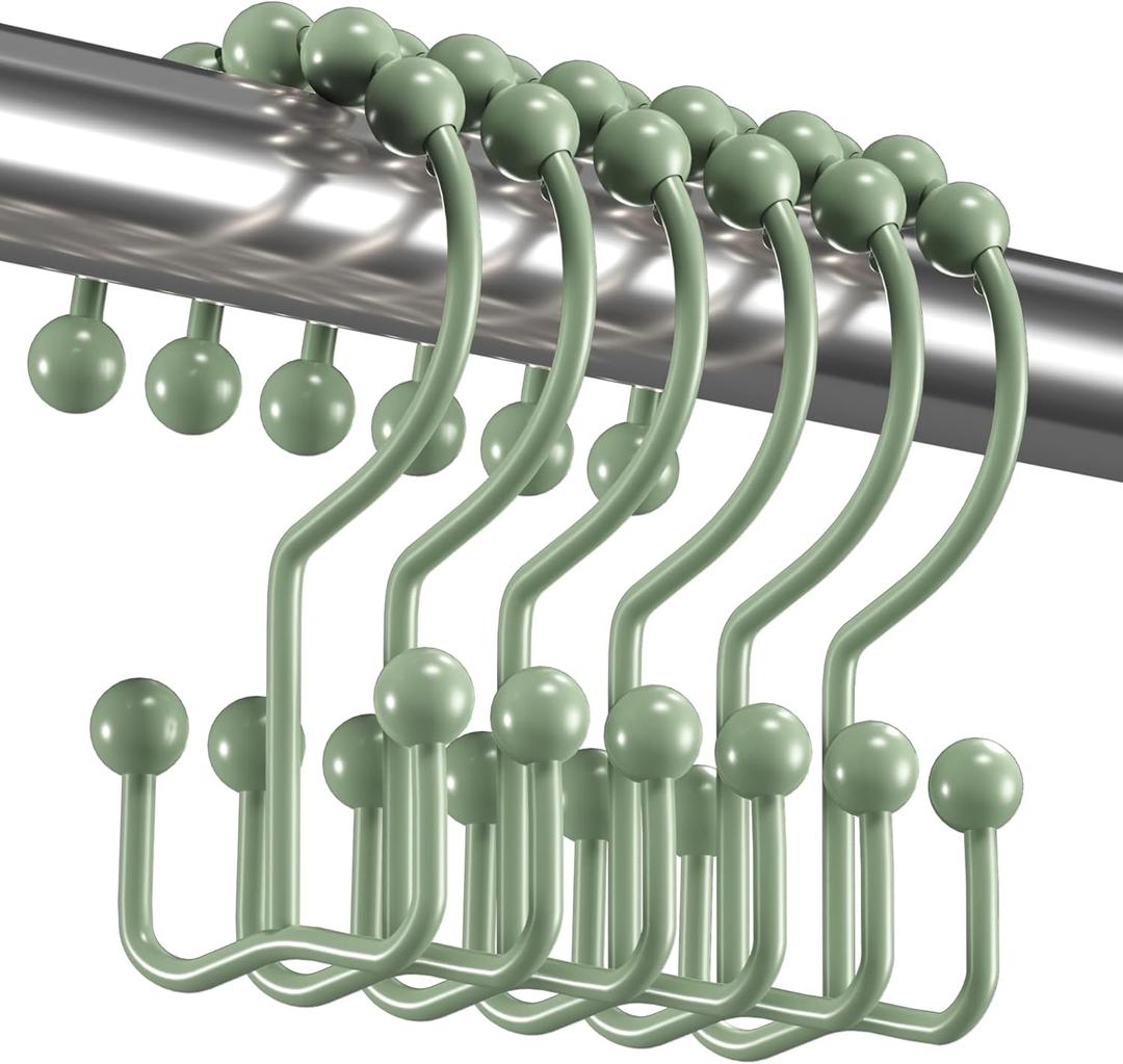 Titanker Shower Curtain Hooks Rings, Rust-Resistant Metal Double Glide Shower Hooks for Bathroom Shower Rods Curtains, Set of 12 Hooks - Sage Green