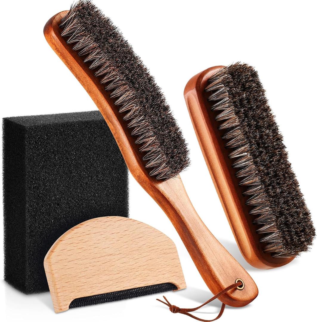 4 Pcs Horsehair Felt Hat Brush Kit with Cleaning Sponge Cowboy Clean Hat Wood Fedora Hat Cleaning Set Baseball Cap Lint Brush Remove Dust for Hair Furniture Suits Clothes(Style D)