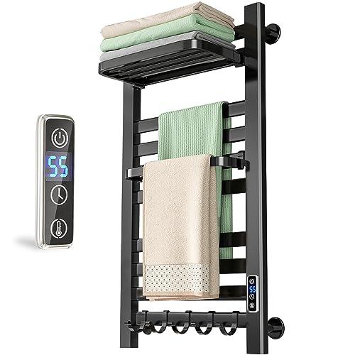 Electric Towel Warmer, Wall Mounted Heated Towel Racks for Bathroom, Plug-in Towel Heater, 10 Bars Electric Towel Rack with Timer and LED Indicator Aluminum Matte Black