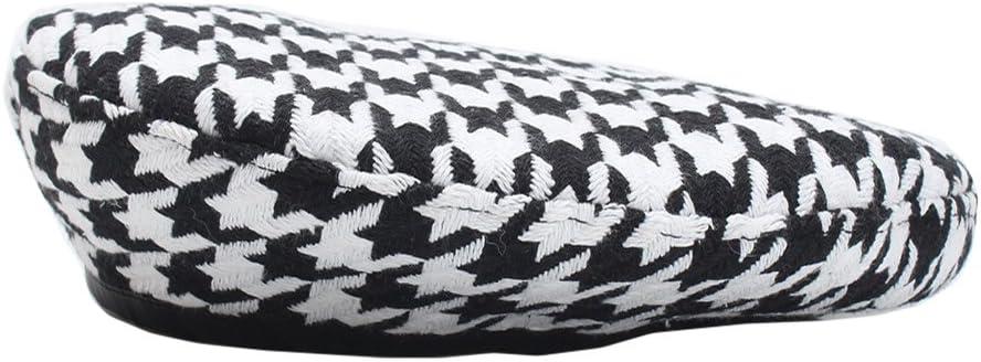 Women's Luxury Houndstooth Pattern Beret Beanie Hat (Black/White)