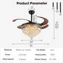 48" Chandelier Ceiling Fan with Light - Crystal Fandelier, Retractable Ceiling Fan with Remote and App Control, 3 Color Dimmable, Reversible DC Motor, for Bedroom, Living Room (Black)