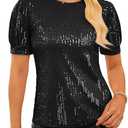 GRACE KARIN Womens Full Sequin Tops Sparkle Glitter Blouses Lantern Short Sleeve Shirts Dressy Party Concert Outfits (Black)