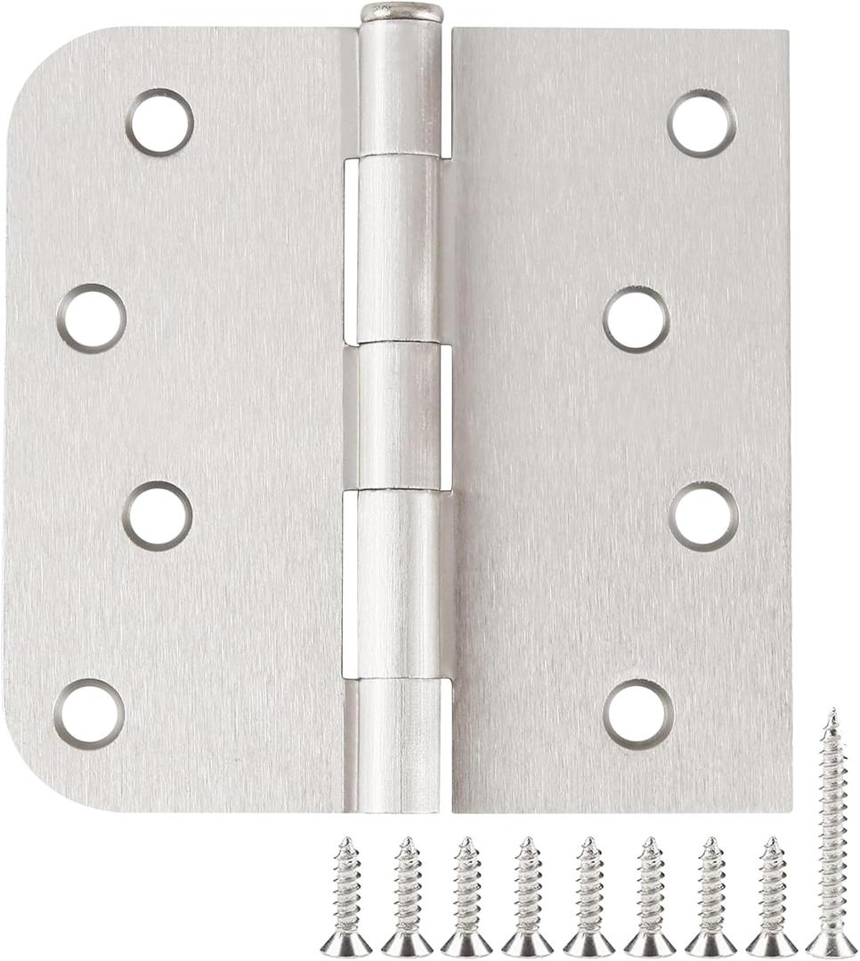 Satin Nickel Door Hinges 4 Inch Square Rounded 5/8" Radius Hinges for Doors Reversible Full Mortise Combination 4 in Door Hardware 6 Pack