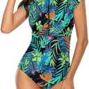 Wolddress Women Modest One Piece Bathing Suit Short Sleeve Tummy Control Swimsuit Zipper Surfing Athletic Rash Guard (Medium, Tropical Leafs Black)