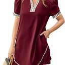 Wenrine Womens Puff Short Sleeve Mini Dress Casual V Neck Color Block Leopard Loose Beach Summer Dresses with Pockets, Small 