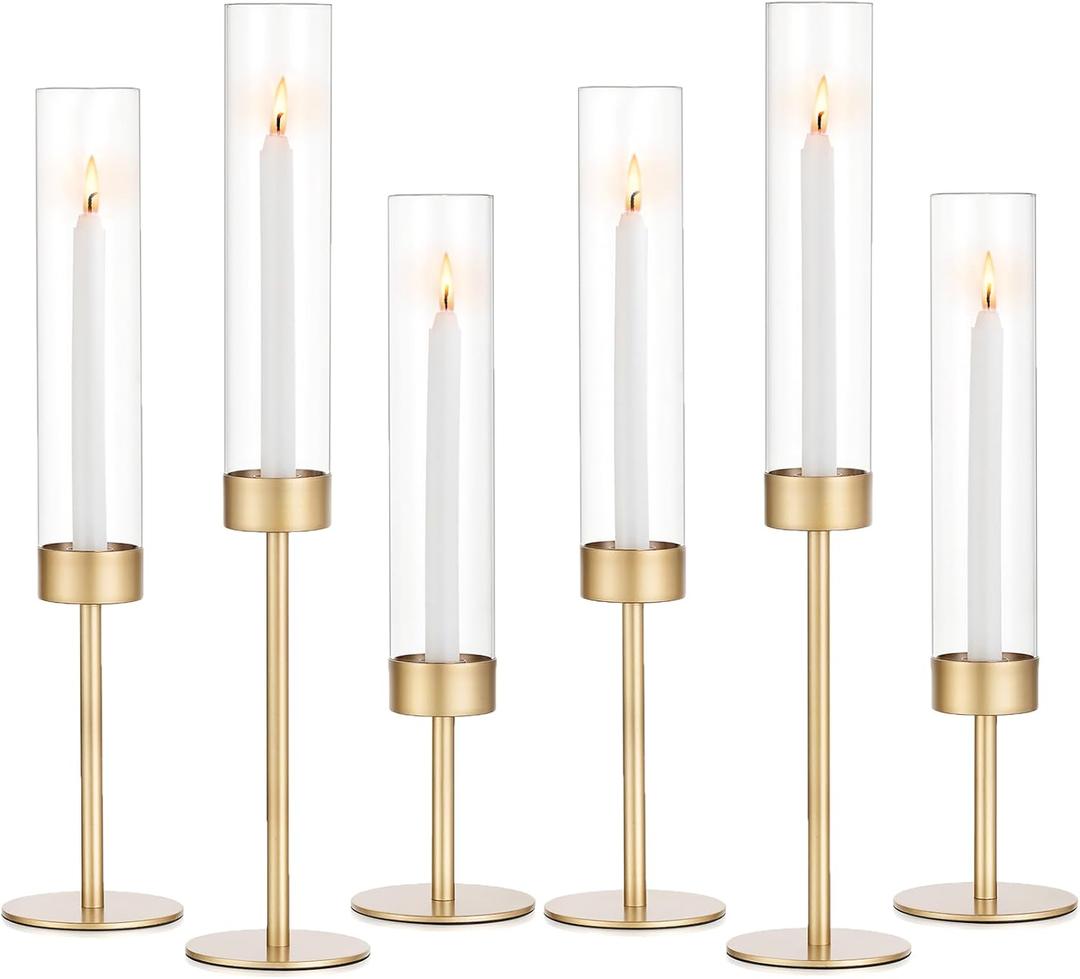 Glass Hurricane Candlestick Holders Gold - Romadedi Set of 6 Taper Candle Holder Bulk Tall Clear Glass Cylinder Table Centerpiece Wedding Decor Party Birthday Christmas Home Decorations