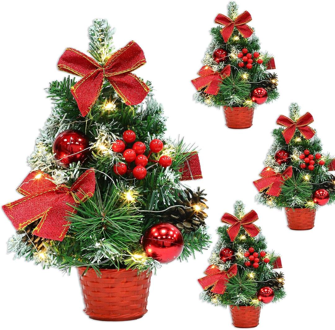 4 Pack 12 Inch Mini Christmas Trees with Lights Table Top Christmas Tree for Office in Basket Base Snowy Red Bows Berries Christmas Decorations Miniature Christmas Tree Tabletop Desk Home Decor