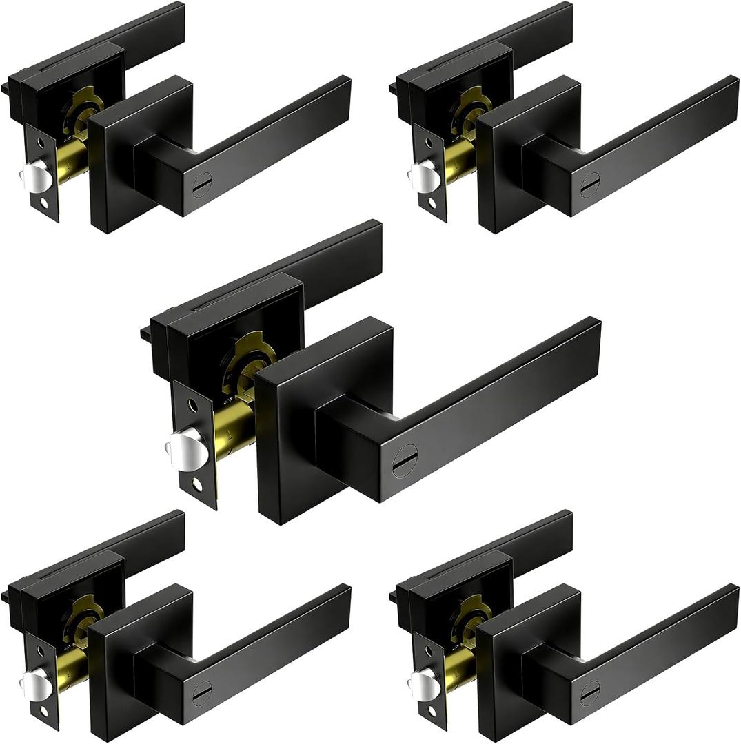 Black Door Handles 5-Pack, Door Knobs Interior, Keyless Privacy Door Lock, Heavy Duty Lever Handle for Bathroom & Bedroom, Reversible for Left Right Handed Doors, Matte Black
