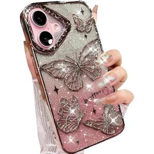 Glitter 3D Butterfly Case for iPhone 16 Plus,Cute Luxury Butterfly Design with Gradient Bling Sparkly Paper TPU Plating Bumper Clear Shockproof Women Girls Case for iPhone 16 Plus 6.7", Pink