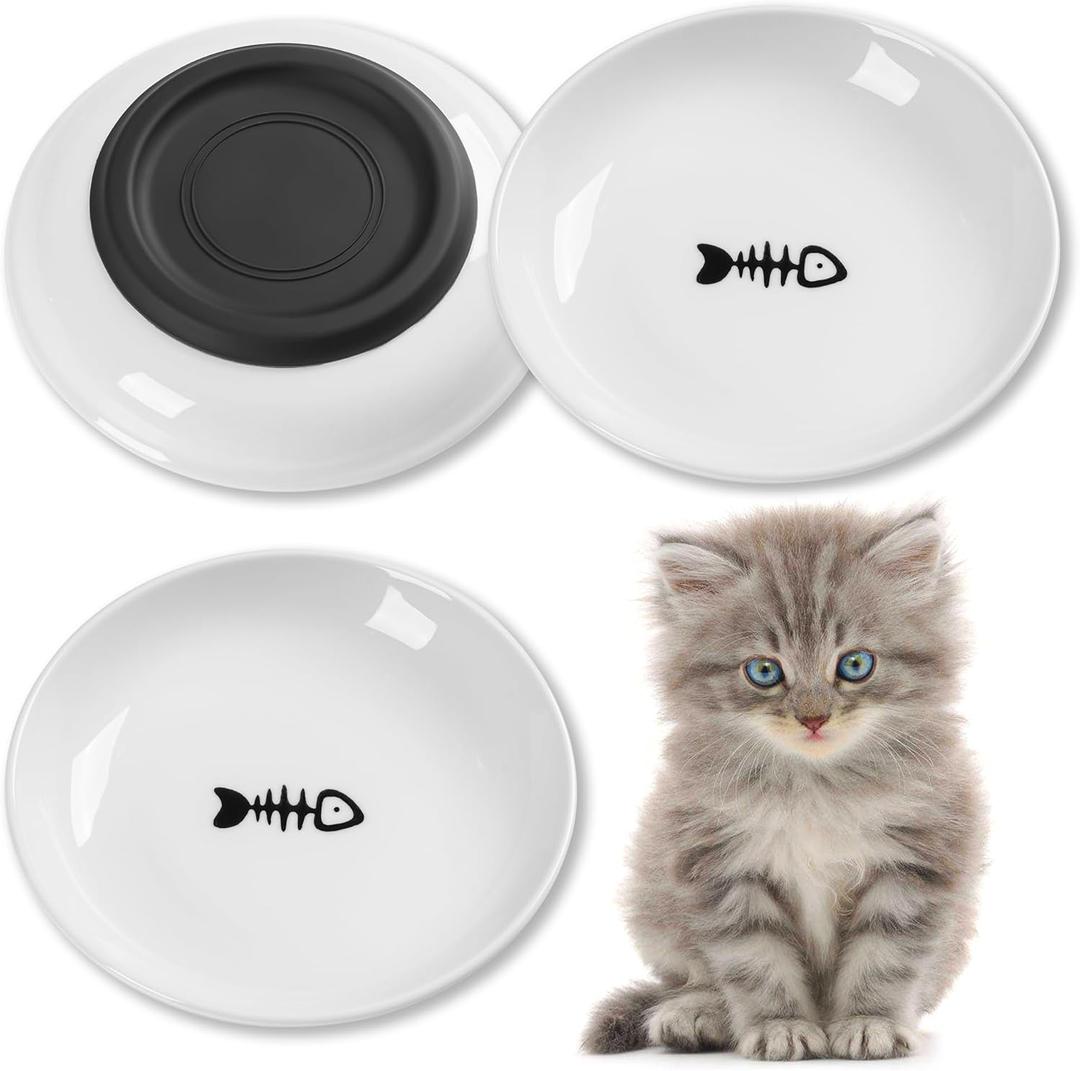 Cat Food Bowl, Whisker Friendly Ceramic Cat Bowls with Nonslip Silicone Bottom, Pack of 3 Quiet Dishes and Plates for Feeding Indoor Cats, Kittens and Small Dogs(Fishbone,Shallower)