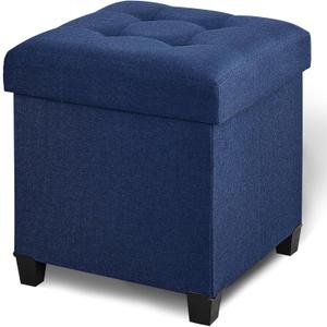 17.7" Ottoman with Storage, Square Storage Ottoman for Dorm, Linen Ottomans with Legs for Living Room, Bedroom, Blue