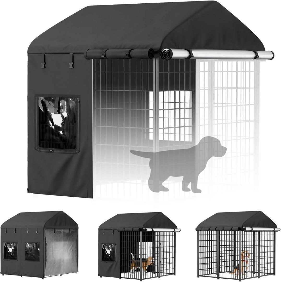 PawGiant Dog Kennel Cover Outdoor, Full Coverage Waterproof Tarp for 4x4x4.5ft Dog Crate with 600D Oxford Fabric, 4 Transparent Window & Door Curtains for Enclosure Outside, Small