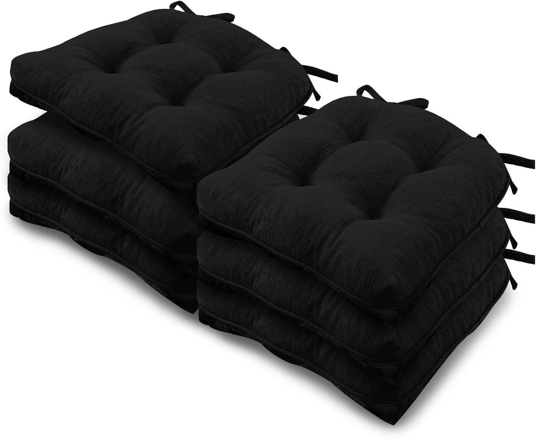 Basic Beyond Chair Cushions for Dining Chairs 6 Pack, Chair Cushion with Ties and Non Slip Backing, 15.5 x 15.5 inches Tufted Chair Pads for Dining Chairs, Black