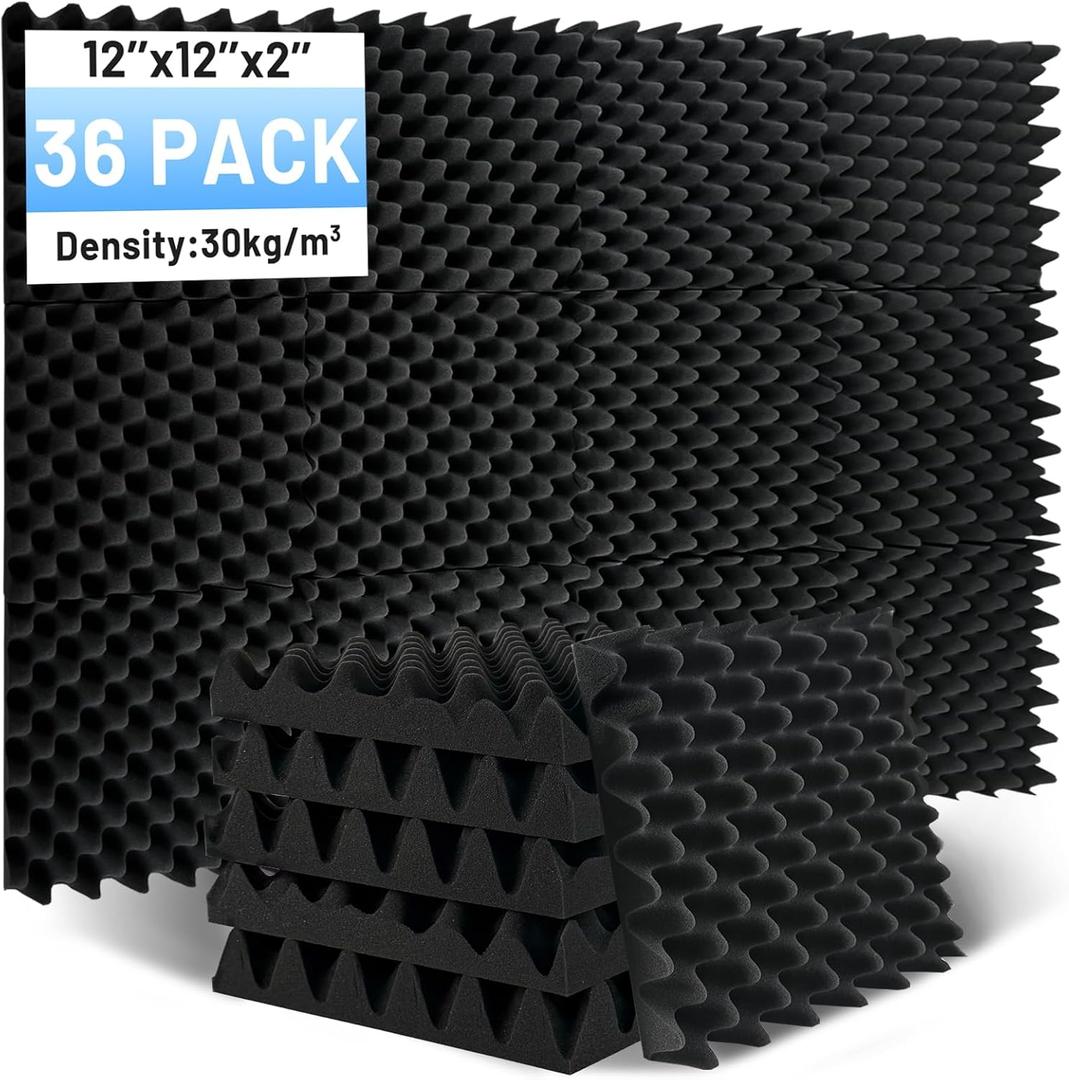 Focusound 36 Pack Acoustic Foam Panels, 2"X12"X12" Egg Crate Sound Proof Foam Panels for Walls, High Density Noise Cancelling Soundproofing Wall Panels