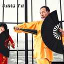 Blulu 4 Pcs Large Folding Fans Bulk with 4 Fan Sleeves, Chinese Kung Fu Hand Clack Rave Fans for Line Dancing, Festival, Party Decor and Performance(Classic Style,Black,13 Inch)