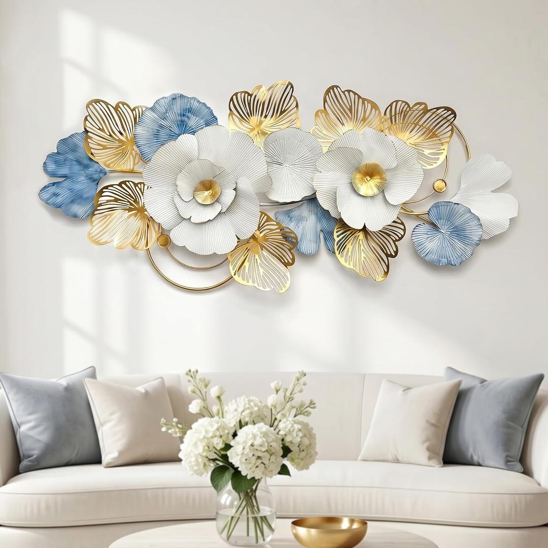 Axioglo Large 3D Metal Wall Decor,Flower Wall Art for Living Room | 51 x 22 in 3D metal wall art, hand-welded and hand-painted with layered floral depth; mounting hardware included
