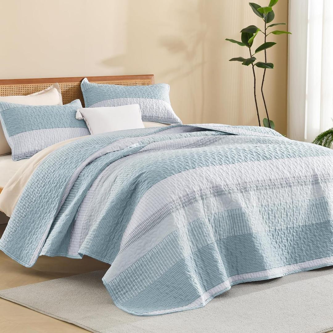 Litanika Quilt Queen Size Spa Blue, Stripe Patchwork Summer Bedspread Coverlet 3 Pieces, Soft Lightweight Polyester Quilted Bedding Set for All Season(1 Quilt, 2 Pillowcases)