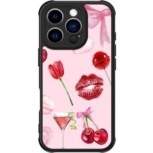 FUNMIKO for iPhone 16 Pro Max Case Wireless Charging & Military-Grade Protection - Trendy Floral Design for Women Girls, Matte Non-Slip Phone Cover with Shockproof Corners - Romantic Red Elements